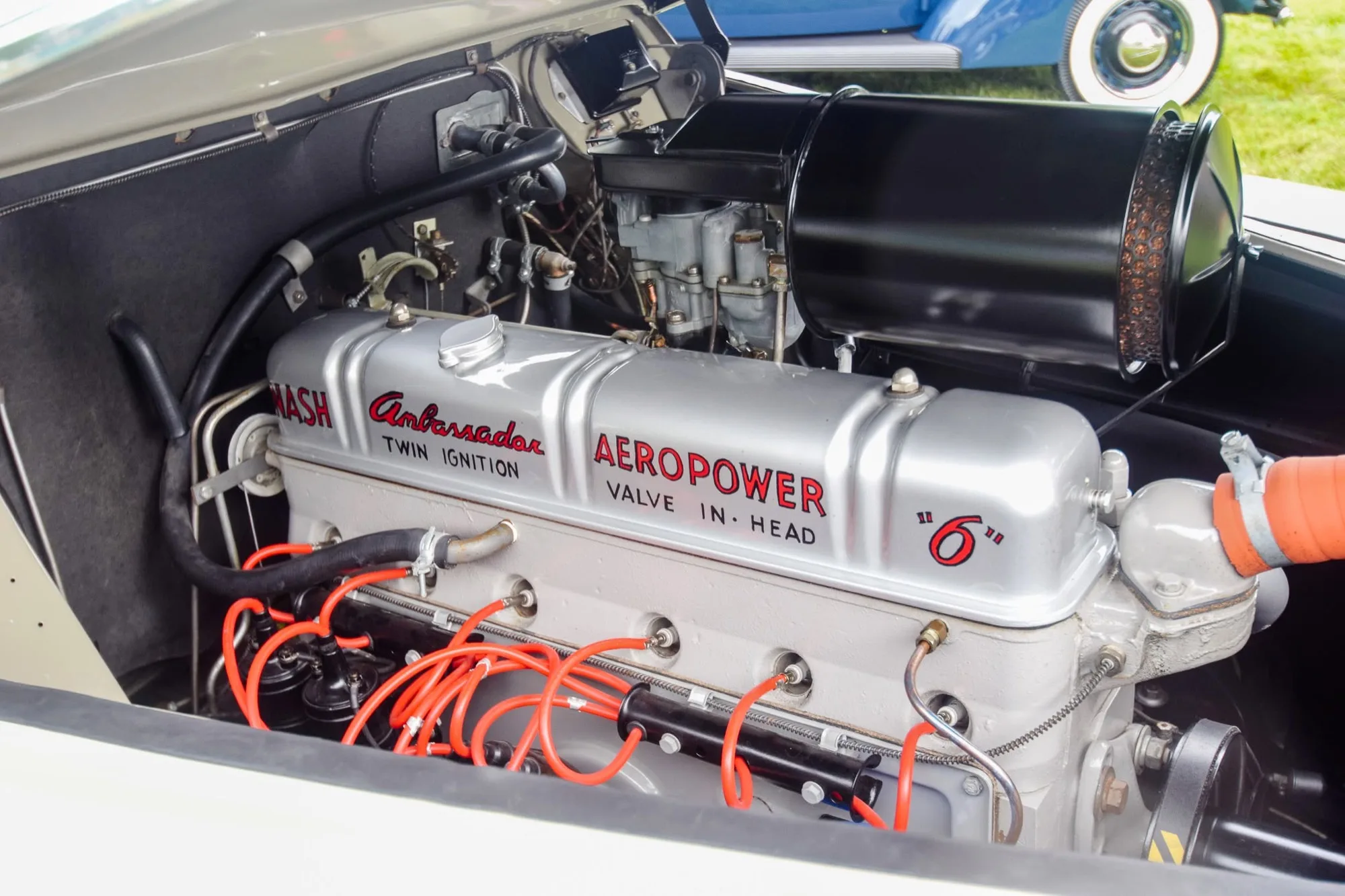 The restored Nash Ambassador Aeropower twin-ignition six engine bay.