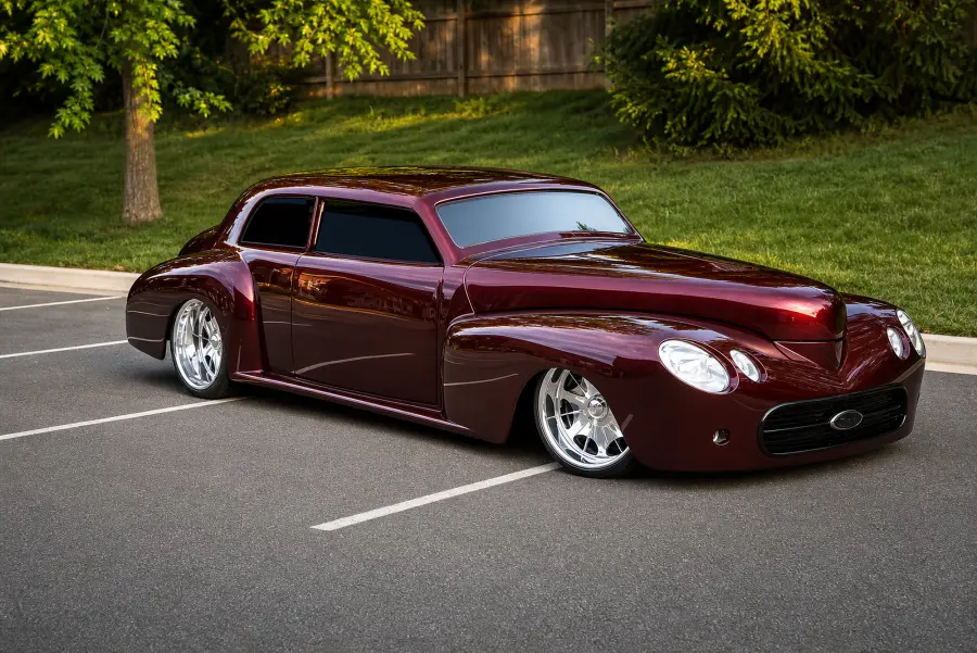 A burgundy custom coupe, dramatic side profile.