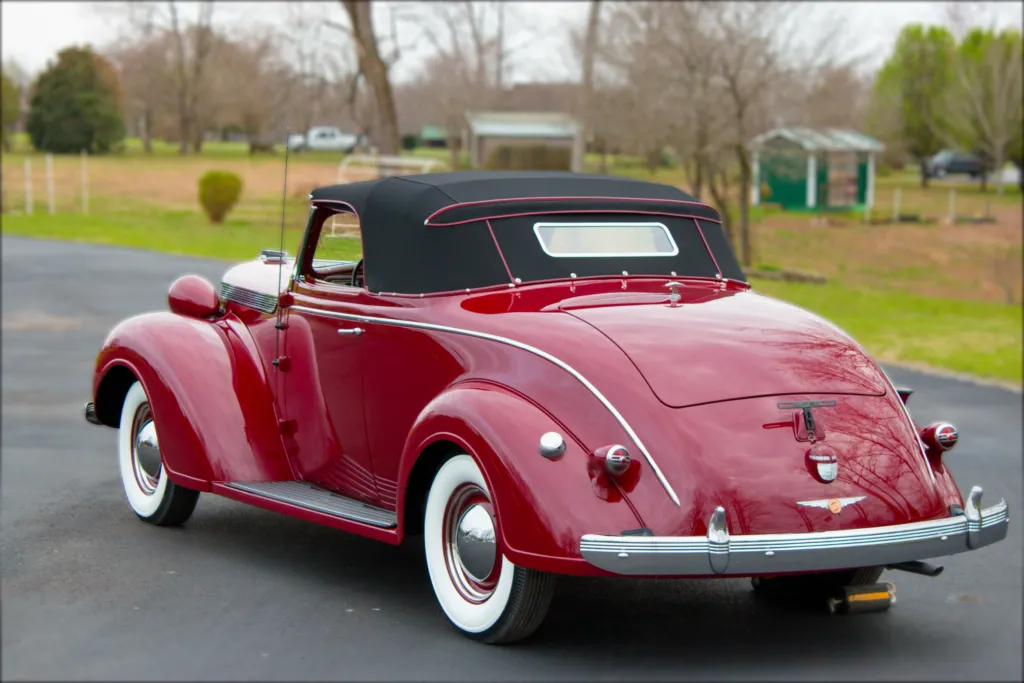 The finished 1937 Imperial Black Betty roadster, rear three-quarter view.